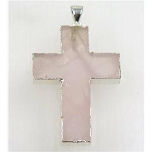 rose quartz cross pendant, 925 silver plated, approx 25x35mm