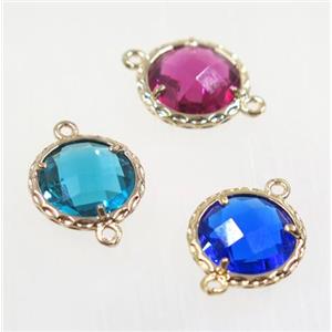 Chinese Crystal Glass connector, coin round, gold plated, mix color, approx 12mm dia
