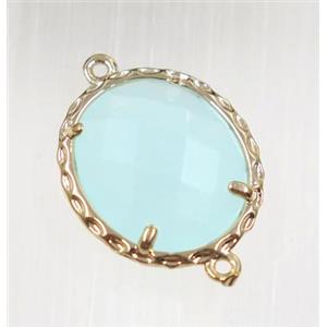 aqua Chinese Crystal Glass connector, oval, gold plated, approx 15x17mm
