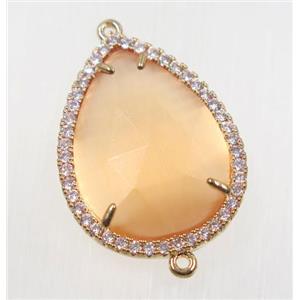orange crystal glass connector pave zircon, faceted teardrop, gold plated, approx 22x30mm