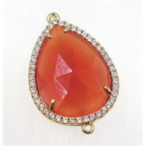 red crystal glass connector pave zircon, faceted teardrop, gold plated, approx 22x30mm