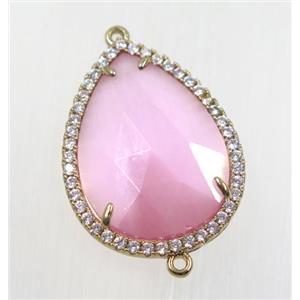 pink cats eye stone connector pave zircon, faceted teardrop, gold plated, approx 22x30mm