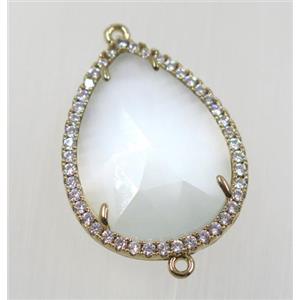 white cats eye stone connector pave zircon, faceted teardrop, gold plated, approx 22x30mm
