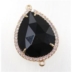 black crystal glass connector pave zircon, faceted teardrop, gold plated, approx 22x30mm