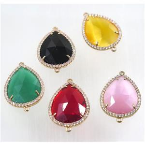 mix crystal glass connector pave zircon, faceted teardrop, gold plated, approx 22x30mm
