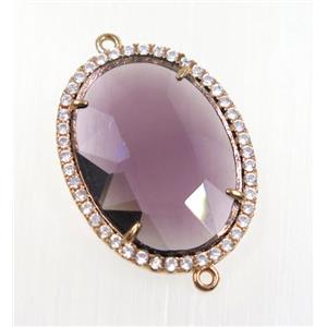 purple crystal glass connector pave zircon, faceted oval, gold plated, approx 22x30mm