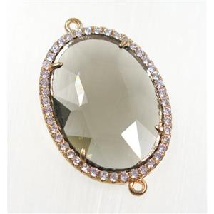 gray crystal glass connector pave zircon, faceted oval, gold plated, approx 22x30mm