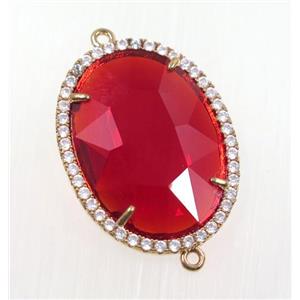 ruby crystal glass connector pave zircon, faceted oval, gold plated, approx 22x30mm