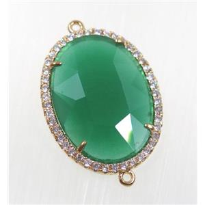 green crystal glass connector pave zircon, faceted oval, gold plated, approx 22x30mm