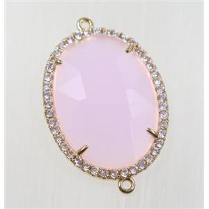 pink crystal glass connector pave zircon, faceted oval, gold plated, approx 22x30mm