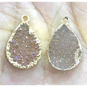 agate druzy teardrop pendant, gold champagne AB-color, approx 12x16mm