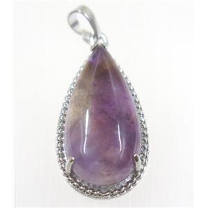 purple Amethyst teardrop pendant, copper, platinum plated, approx 15x30mm