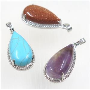 mix gemstone teardrop pendant, copper, platinum plated, approx 15x30mm