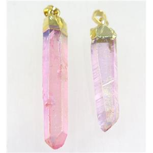 Clear Quartz stick pendant, pink, gold plated, approx 10-50mm