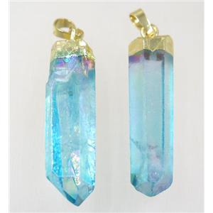 Clear Quartz stick pendant, blue, gold plated, approx 10-50mm