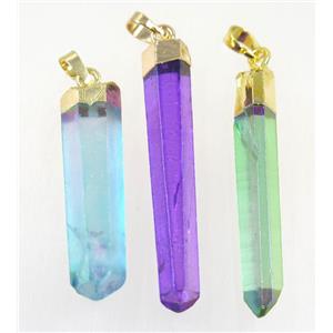 Clear Quartz stick pendant, mix color, gold plated, approx 10-50mm