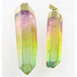Clear Quartz stick pendant, rainbow, gold plated, approx 10-50mm