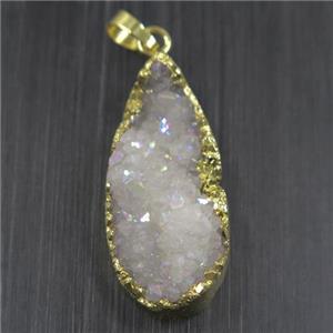 white AB-color Druzy Quartz pendant, teardrop, gold plated, approx 15-35mm