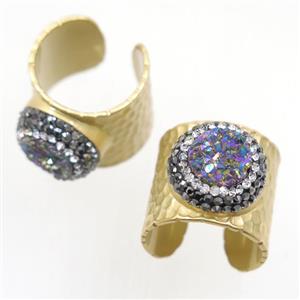 rainbow Druzy Quartz Copper Ring pave rhinestone, duck gold, approx 10-22mm