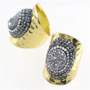 silver Druzy Quartz Copper Ring pave rhineston, gold plated, approx 10-22mm