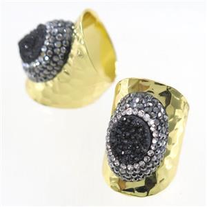 black Druzy Quartz Copper Ring pave rhineston, gold plated, approx 10-22mm