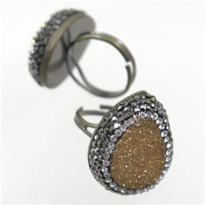 gold champagne Quartz Druzy Ring paved rhinestone, teardrop, approx 19mm dia