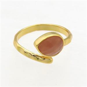 peach MoonStone Rings, copper, gold plated, approx 8-10mm, 18mm dia