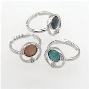 mixed gemstone Rings, copper, platinum plated, approx 8mm, 18mm dia