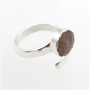 peach MoonStone Rings, copper, platinum plated, approx 10mm, 19mm dia