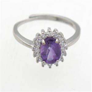 purple Amethyst Rings pave rhinestone, copper, platinum plated, approx 6-8mm, 18mm dia