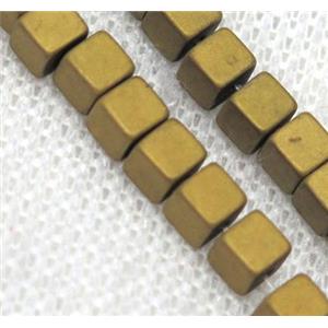 matte hematite beads, cube, gold plated, approx 6x6mm
