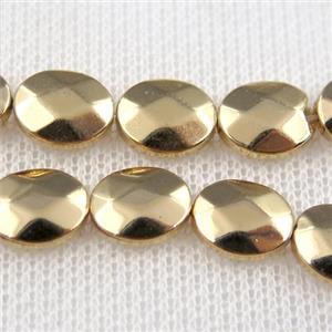 Hematite beads, faceted oval, lt.golden, approx 8x10mm