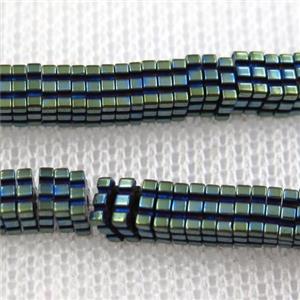 Hematite beads, square slice, green plated, approx 1x4x4mm