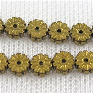 Plum blossom Hematite beads, gold plated, approx 6mm dia