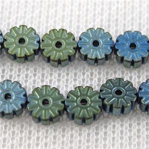Plum blossom Hematite beads, green plated, approx 6mm dia