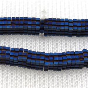 matte Hematite beads, square slice, blue plated, approx 1x4x4mm