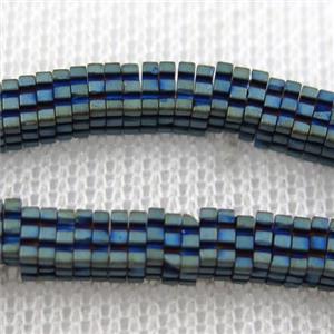 matte Hematite beads, square slice, green plated, approx 1x4x4mm