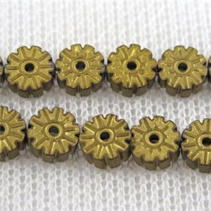 matte Plum blossom Hematite beads, gold plated, approx 6mm dia