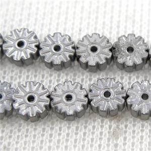 matte Plum blossom Hematite beads, silver plated, approx 6mm dia