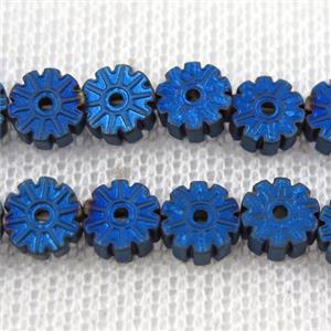 matte Plum blossom Hematite beads, blue plated, approx 6mm dia