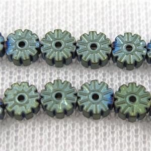 matte Plum blossom Hematite beads, green plated, approx 6mm dia