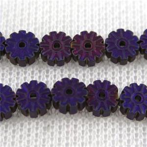 matte Plum blossom Hematite beads, purple plated, approx 6mm dia