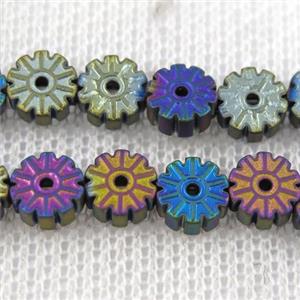 matte Plum blossom Hematite beads, rainbow, approx 6mm dia