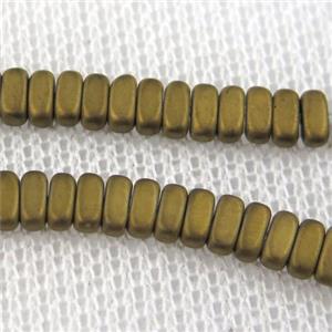 Hematite beads, matte oval, gold plated, approx 2x4mm