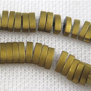 Hematite beads, matte oval, gold plated, approx 4x7mm