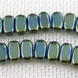 Hematite beads, oval, green plated, approx 4x8mm