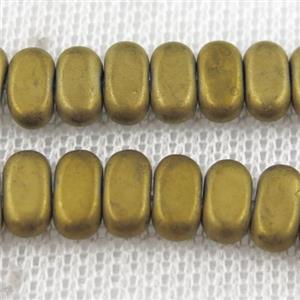 Hematite beads, matte oval, gold plated, approx 4x8mm