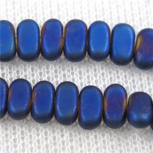 Hematite beads, matte oval, blue plated, approx 4x8mm