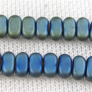 Hematite beads, matte oval, green plated, approx 4x8mm