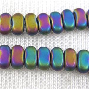 Hematite beads, matte oval, rainbow, approx 4x8mm